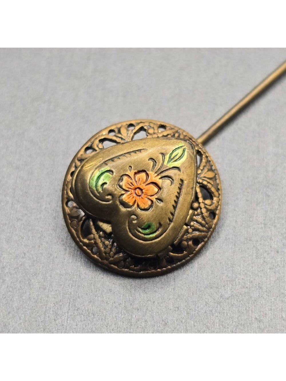 Vintage Victorian Revival Brass Heart Locket Stick Pin Enamel Floral Statement - Picture 3 of 12